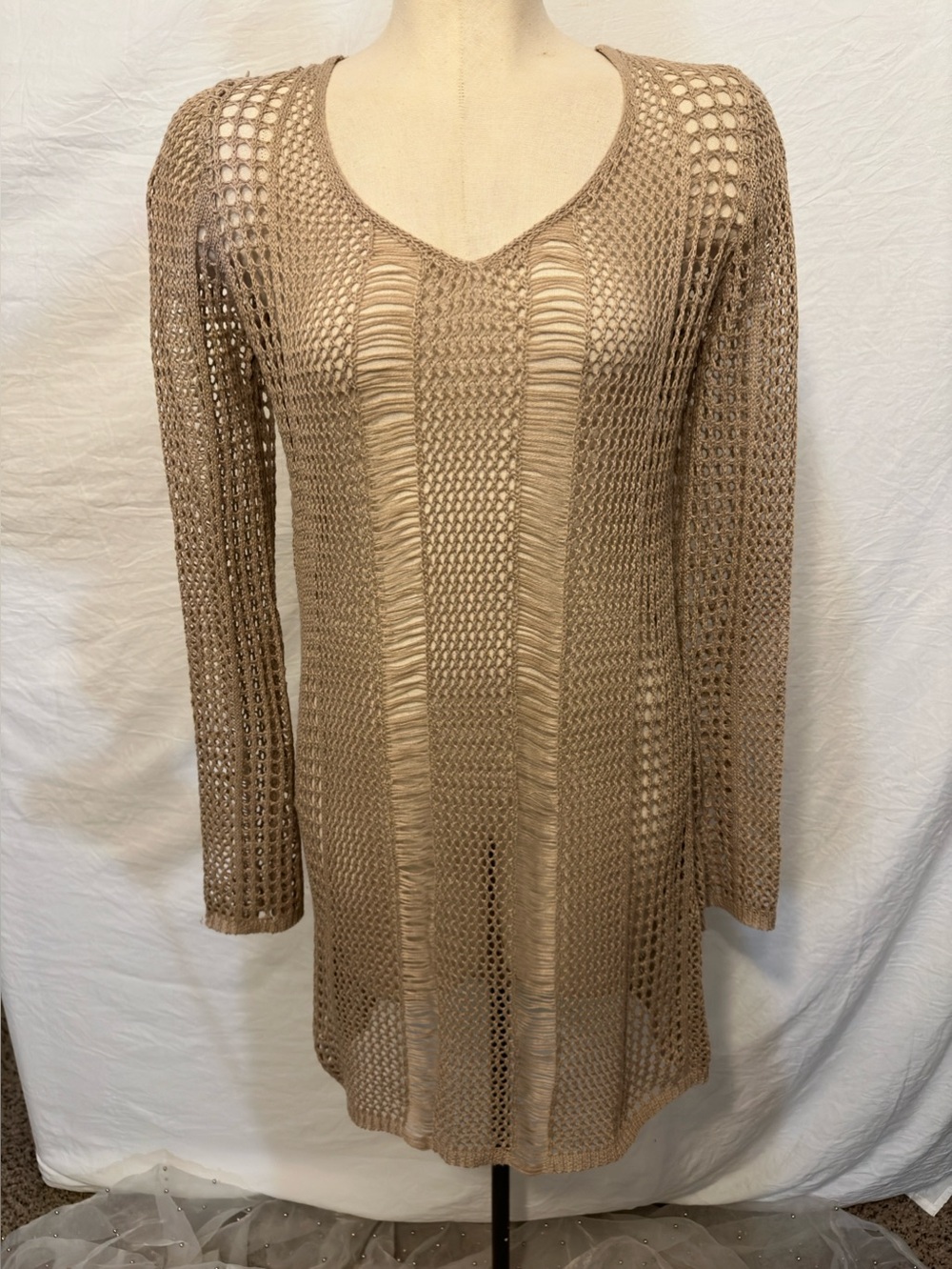 Open Knit Taupe Tunic Sweater Cover Up V Neck Open Back Beach Boho Large